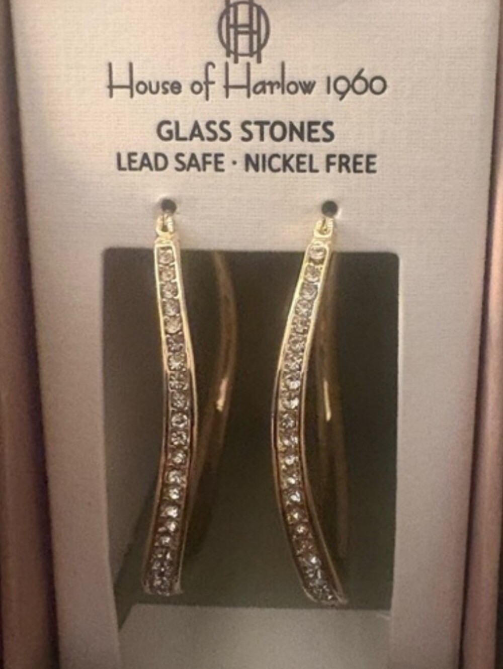 House of Harlow 1960 Gold Crystal Curved Hoop Earrings Bnib
